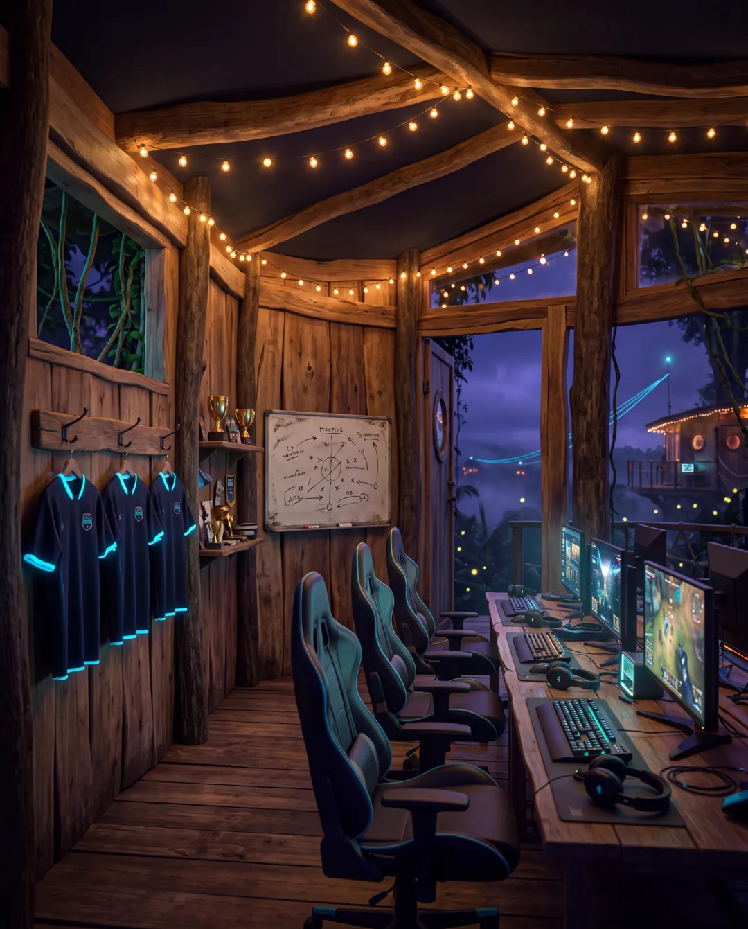 Ein Team-Raum im Baumhaus mit Gaming-Stühlen, leuchtenden Trikots und Taktiktafel