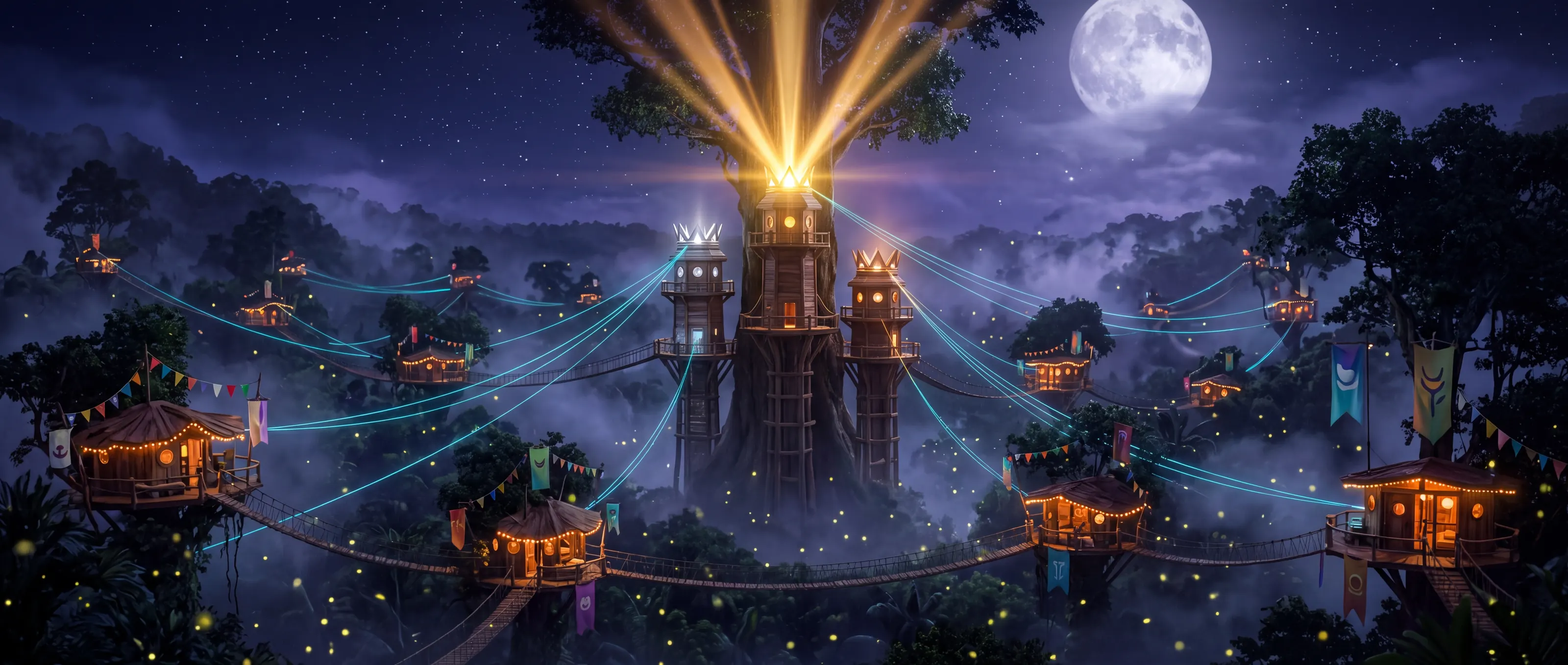 Ein Dschungeltal voller beleuchteter Baumhäuser, in der Mitte ein Siegerturm mit Krone, aus dem goldene Lichtstrahlen steigen