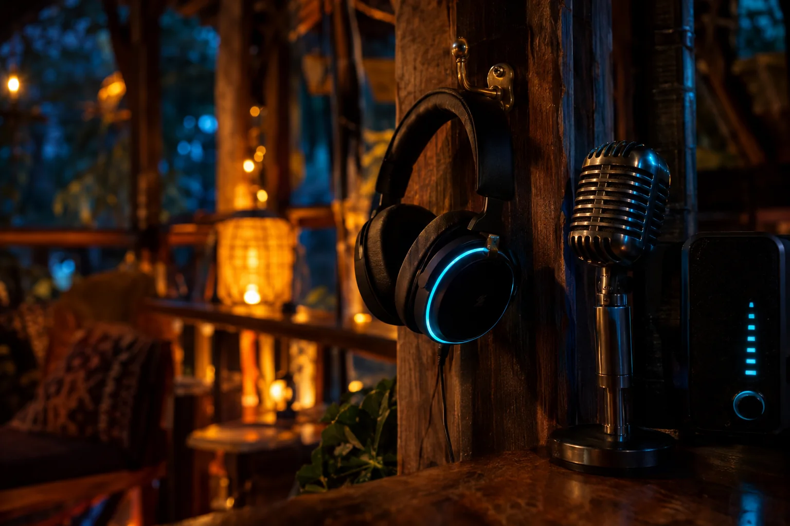 Ein Headset mit Cyan-Leuchtring hängt an einem Holzbalken neben einem alten Mikrofon