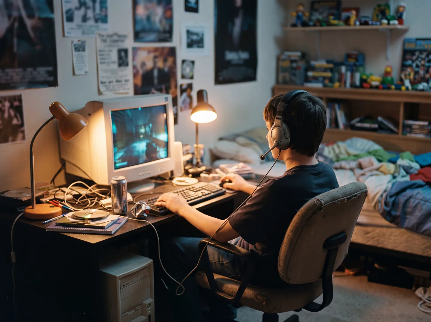 Ein Junge mit Headset spielt in seinem Kinderzimmer an einem alten Röhrenmonitor